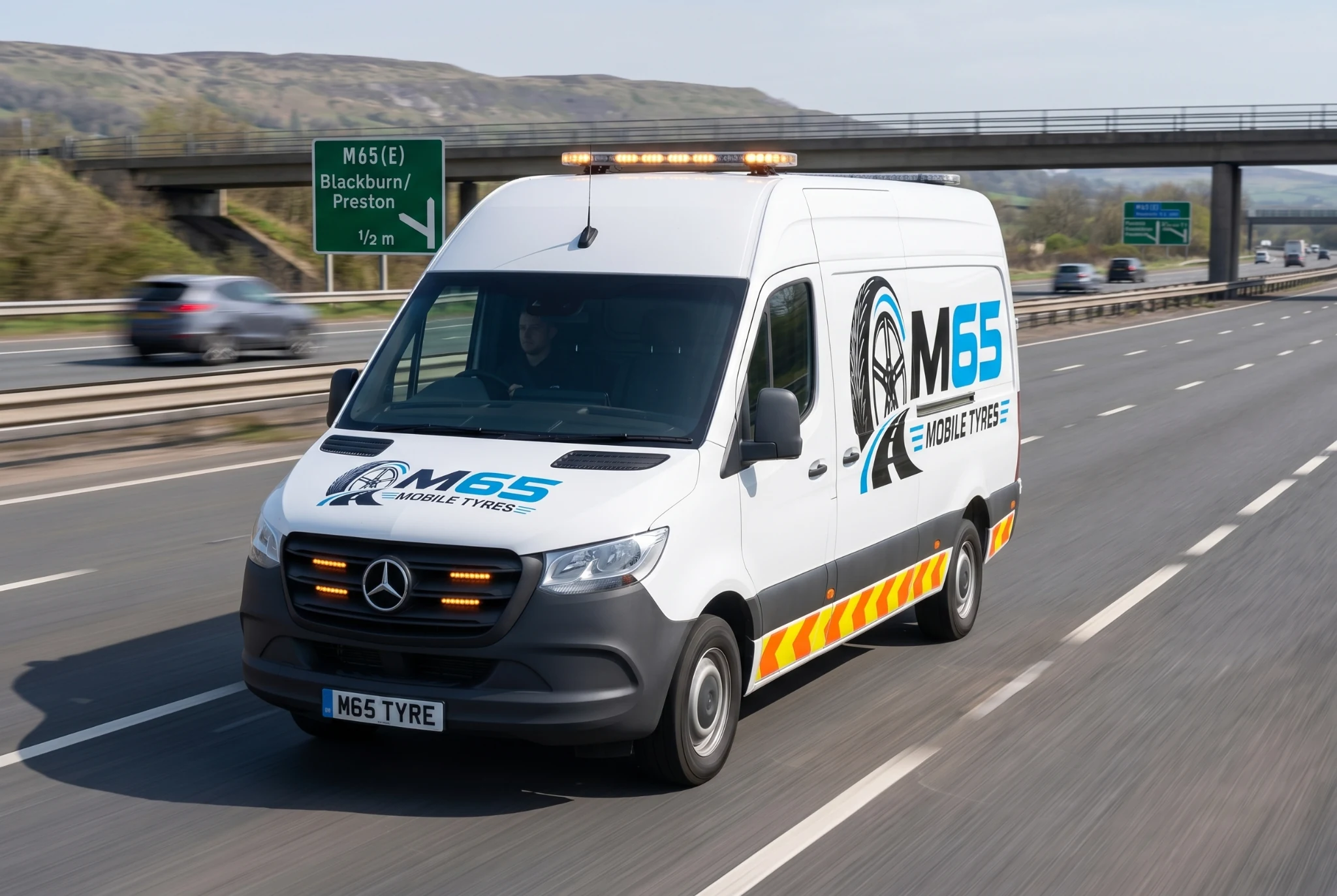 M65 Mobile Tyres service van driving on the M65 motorway near Blackburn and Preston